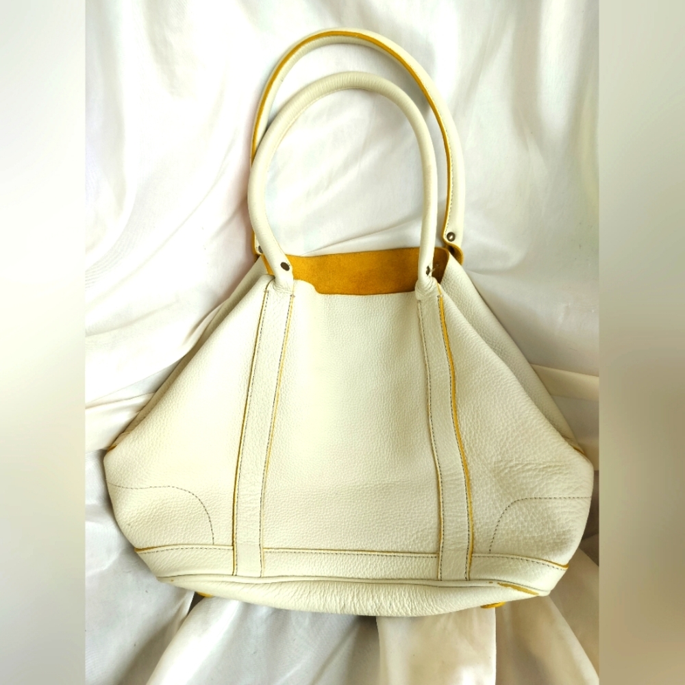 J Crew White and Yellow Leather Tote Bag
